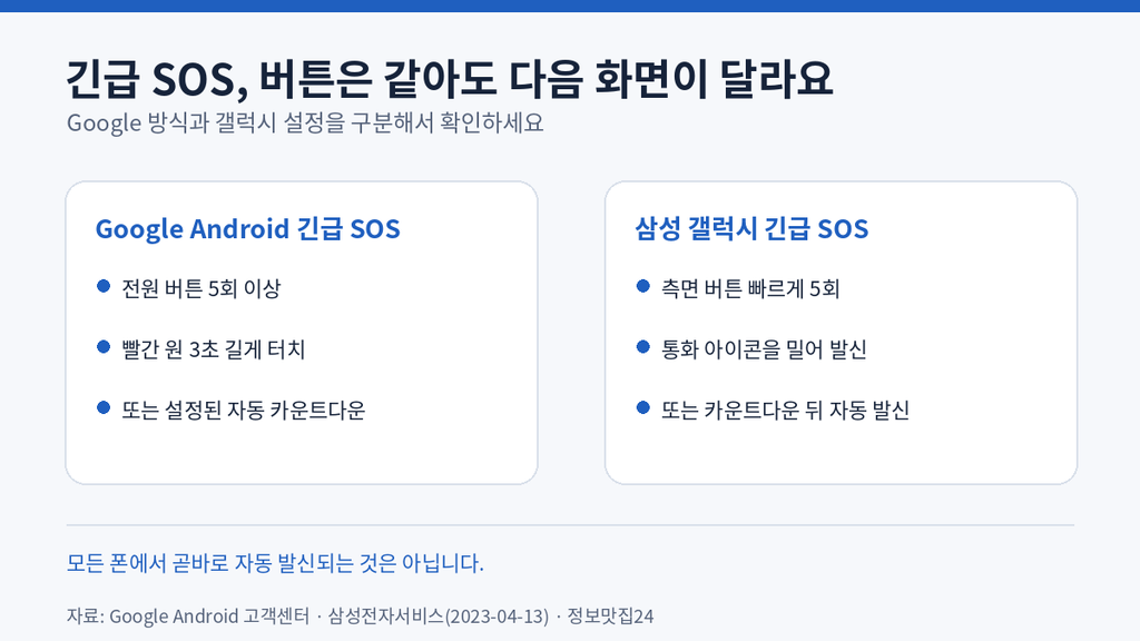 안드로이드 긴급 SOS 구글·갤럭시 전원 버튼 5회 실행 화면 비교